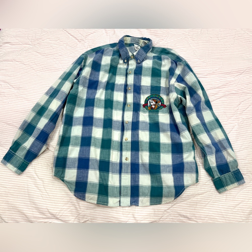 Disney Blue and Green Plaid Button-Down Shirt